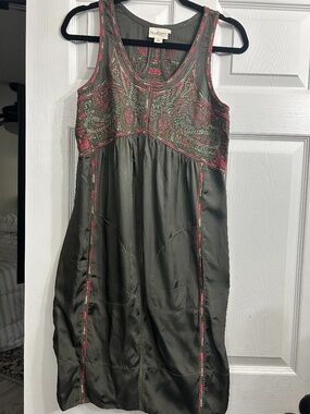 Pure DKNY Olive Green Pink Embroidered Halter Shift Dress S 4 Casual Beach